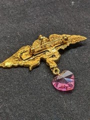 Vintage Signed Cherub Angel Brooch Pink Crystal Heart Dangle Gold Tone Pin 2.5″