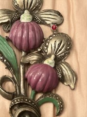 antique pin Flower Enamel Paint Rhinestone Marcasite Metal 4.25” brooch large