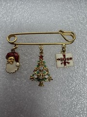 Lot Of 3 VTG Christmas Gold-Tone Joy Bow Dangle Earrings & Brooch Pin Moon Santa