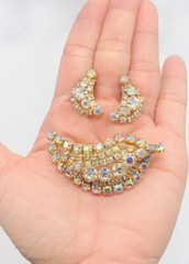 Vtg Signed CONTINENTAL Pink Clear AB Glass Rhinestones Earrings Brooch Pin Set