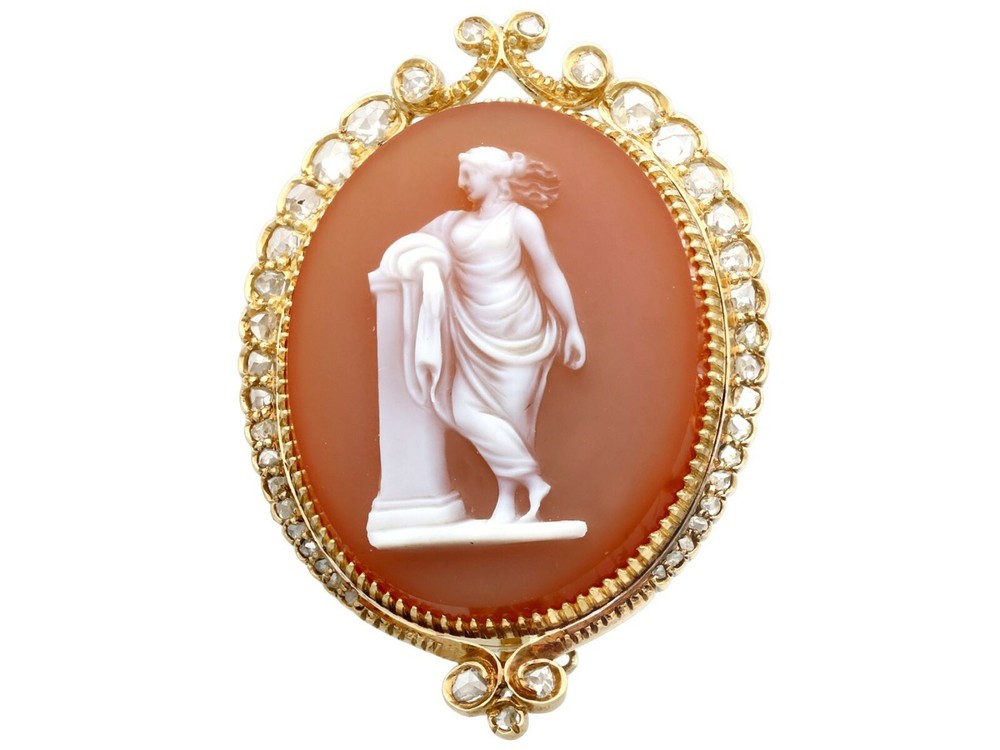 Hardstone and 0.68 Ct Diamond 18k Yellow Gold Cameo Brooch – Antique Circa 1880