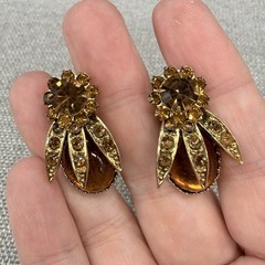 Vintage Clip On Earrings Orange Brown AB Rhinestones ￼