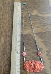 Antique coral colored Rose molded glass & Rhodium Plated Deco Necklace Pendant