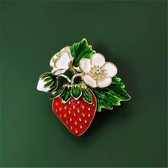 Floral Strawberry Brooch Golden-Plated Zinc Alloy Rhinestone Accents