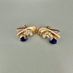 Vintage Sterling Rhinestone Earrings Blue Faux Sapphire Screw Back Mid Century