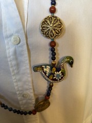 Vintage Cloisonne & Brass Necklace w/ Owl & Duck Pendant Boho Statement EUC