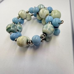 Beaded Memory Wire Bracelet Pastel Blue Pale Green Silver Beads Gift Box 1950s
