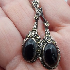 FAS Vintage Deco Sterling Silver Black Onyx Marcasite Dangle Drop Earrings 925