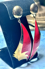 Vintage Designer Berebi Retro Gold Tone & Red Enamel Pierced Earrings, 3..5″