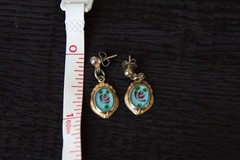 Vintage Art Deco Style Sky Blue Guilloche Enameled Floral Motif Dangle Earrings