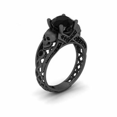 Black Oynx Rhodium Skull & Lab Created Diamond Engagement Wedding 925Silver Ring