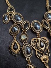 Vintage Antique Gold Black Rhinestone Bib Necklace Gothic Victorian Chandelier