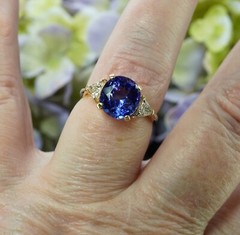 Vintage Gem Cushion Tanzanite Trillion Diamond 3 stone Ring 14K Gold 2.5ct