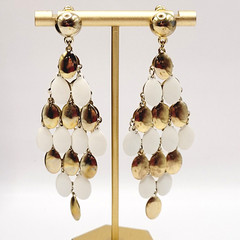White & Gold Tone Metal Chandelier Cascade Dangle Vintage Earrings Ballroom