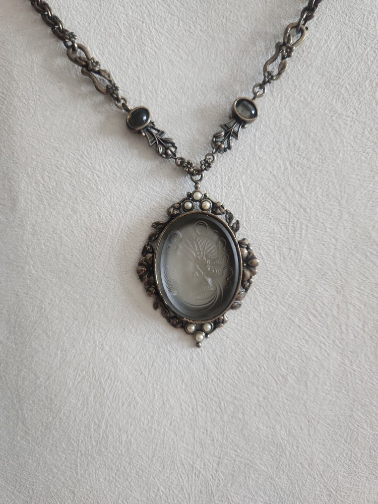 1960’S Gothic Art Deco Style Smoky Glass Cameo Necklace Pearls Flowers Floral