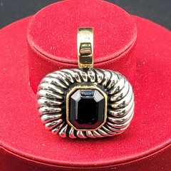 Vtg TJ Pendant Brutalist Black Rhinestone Tahoe Jewelry Medeiros 2-tone Wide