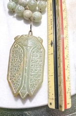 VINTAGE CARVED CALEDON JADE SCARAB PENDANT BEAD NECKLACE SET OOAK HUGE XLONG WOW