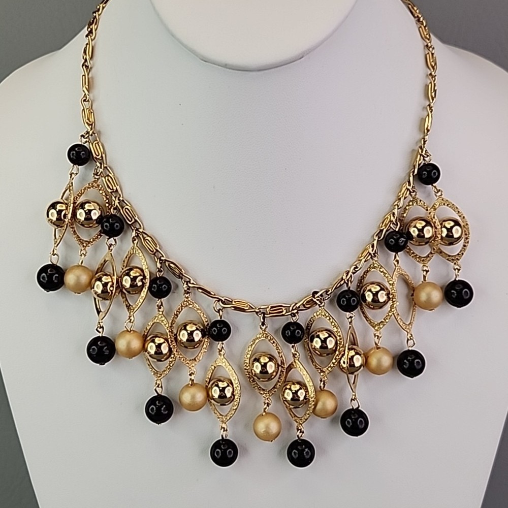 Vintage Statement Necklace Black Beaded Fringe Dangles Gold Tone Snail 16.5″