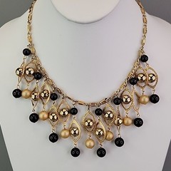 Vintage Statement Necklace Black Beaded Fringe Dangles Gold Tone Snail 16.5″