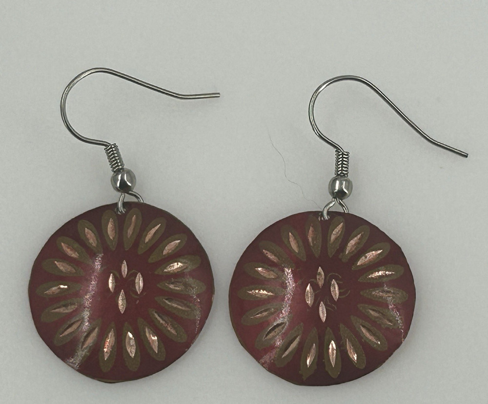 Handmade Round Red Copper Etched Disk Earrings