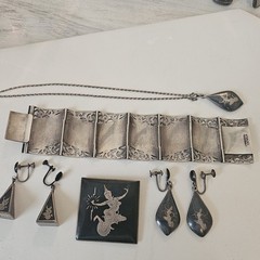Siam Sterling Silver Niello Dancer Jewelry Set Brace/ Neck/Earrings 104 Grams