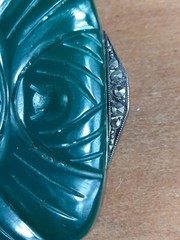 Antique Art Deco Carved Chrysoprase Marcasite Stamped 935 Sterling Brooch Pin