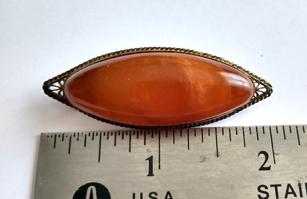 Vintage 1960s Soviet Era USSR Baltic Russian Cognac Amber Brooch Art Deco 2” Pin