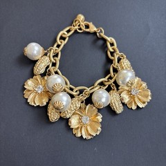 John Wind Maximal Art Charm Bracelet Matt Gold Tone Pearl Crystal Peanut Flower