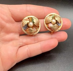 Vtg SARAH COVENTRY Pin Brooch Earrings Set Gold Tone Autumn Leaves Chunky Stones