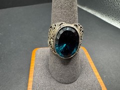 Vtg 925 Sterling Silver Blue Topaz Glass Cocktail Ring Ornate Filigree Size 10