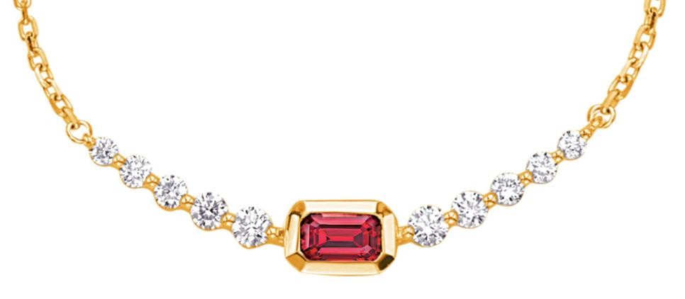 .67CT DIAMOND & AAA RUBY 14K YELLOW GOLD EMERALD CUT & ROUND BEZEL LOVE NECKLACE