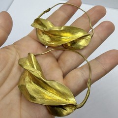 Vtg XL Brutalist Sculptured Brass Hoop Wire Statement Earrings Runway Bold Huge