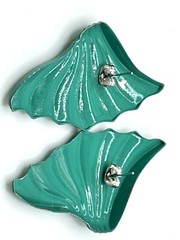 Lg Vintage Teal Fan Shaped Statement Earrings For Pierced Ears 1970-1990 Style