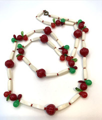 Fun! Red & White Plastic Fruit Salad 34″ Necklace W Dangle Clip Earrings Germany