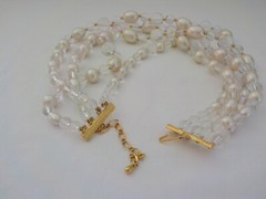 Vintage Four Strand Faux Pearl Bead Necklace Clear Plastic Gold Tone Metal Oval