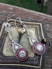 Art Deco Style Lab Created Diamond & Ruby 14K White Gold FN Drop/Dangle Earrings