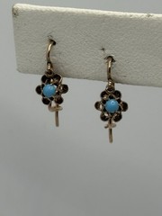Antique 14k Yellow Gold & Turquoise Blue Buttercup Kidney Wire French Earrings