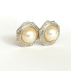 Vintage Faux Pearl Rhinestone Clip On Earrings Silver Tone Octagon Wedding Glam