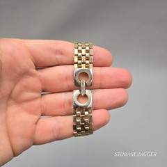 VTG Gold Tone Metal Tile Links Chain Wide Bracelet 7.5″ Long, Fold Over Clasp