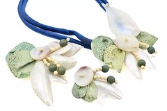 Vintage 80’s Summer Shell Wood Cord Leather Beach Necklace Brooch Earrings Set