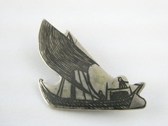 Antique Niello Sterling Silver Boat Brooch Pin 4.1g 1 Inch Length Regatta