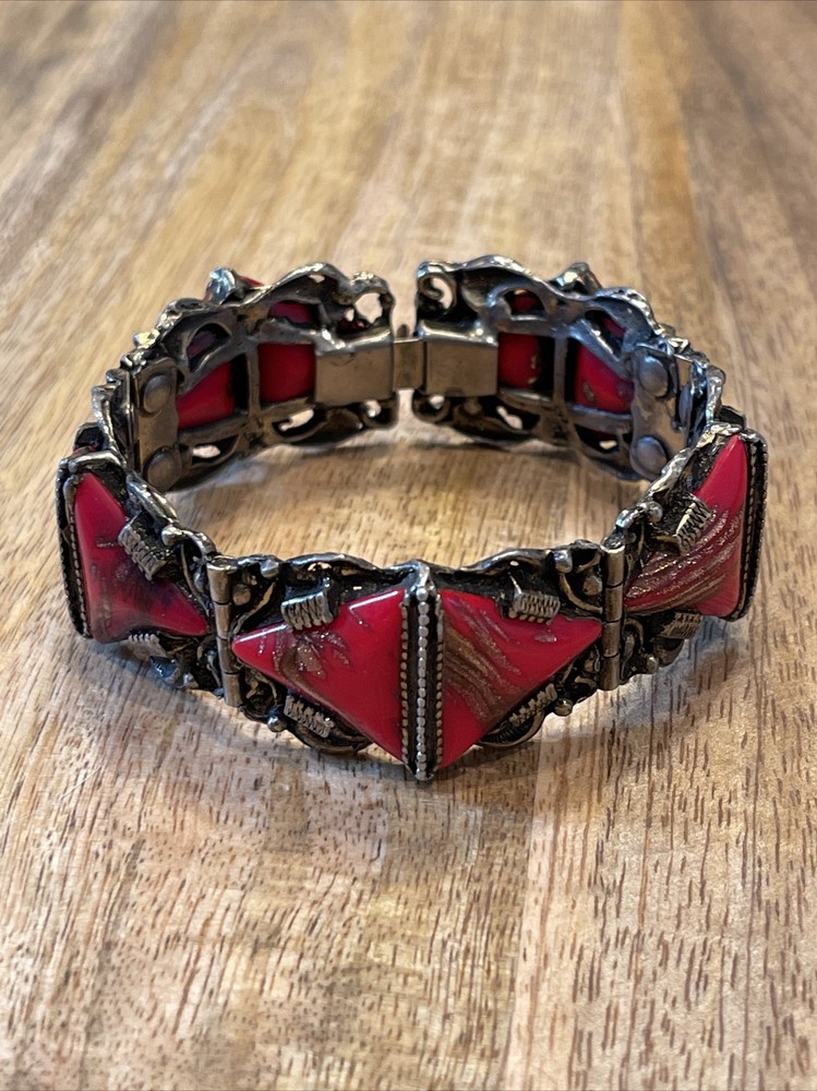 Impressive Vtg Czech Art Glass Red & Copper swirl triangle Bracelet