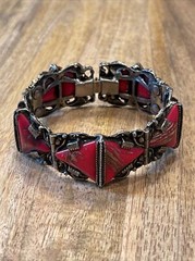 Impressive Vtg Czech Art Glass Red & Copper swirl triangle Bracelet