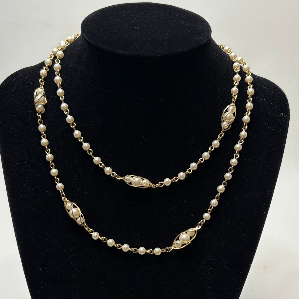Napier Vintage Gold Tone Caged Pearl Beaded Necklace 28in