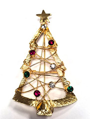 Vintage Open Wire Wrap & Multicolor Rhinestone Christmas Tree Pin / Brooch