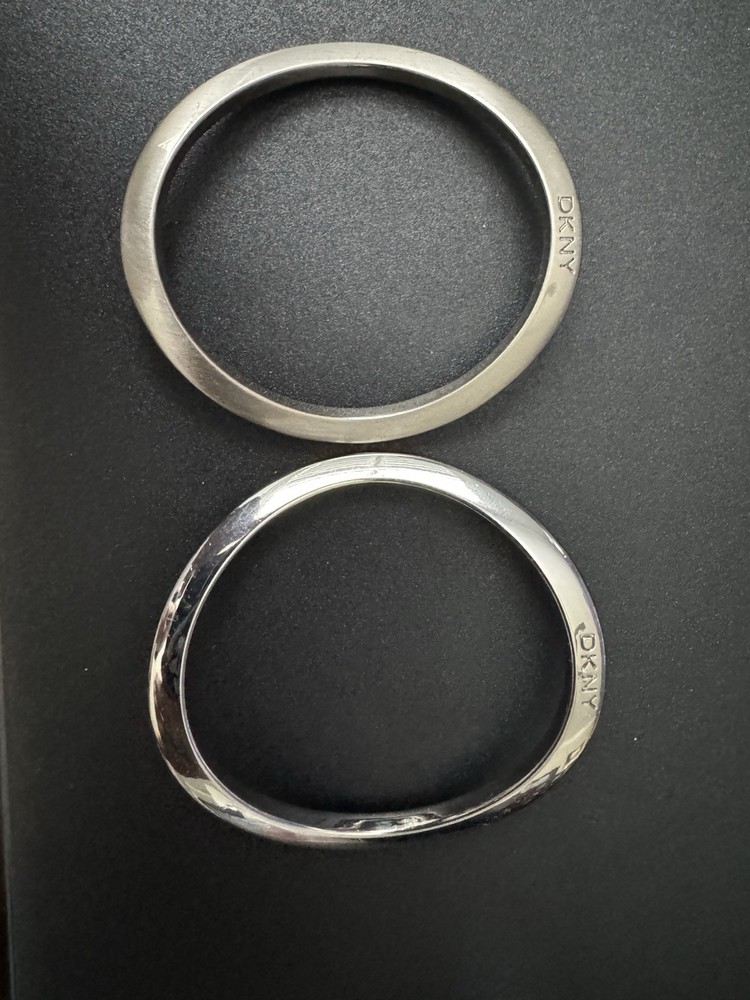 2 DKNY Silver Tone Brushed & Shiny 2.25″ Diameter Bangle Bracelets M1