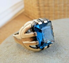 Antique 1920s Art Deco London Blue Topaz 10K Yellow Gold Ring Size 6.75 #940