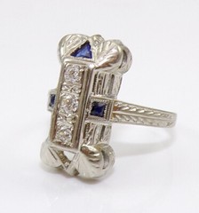 VTG 18K White Gold Art Deco European Cut Diamond & Sapphire Ring Size 5.5 FZ