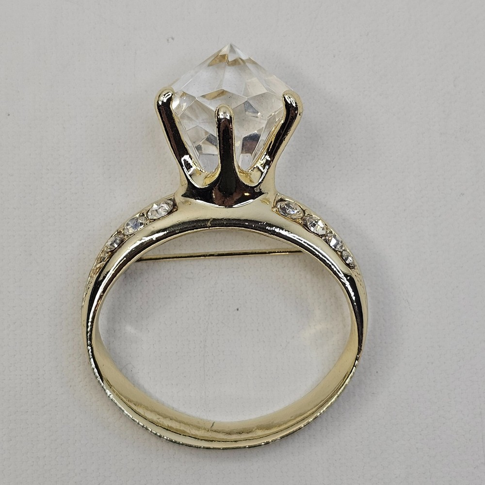 AJC Engagement Ring Brooch Gold Tone Clear Rhinestone Vintage Jewelry Pin