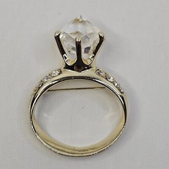 AJC Engagement Ring Brooch Gold Tone Clear Rhinestone Vintage Jewelry Pin